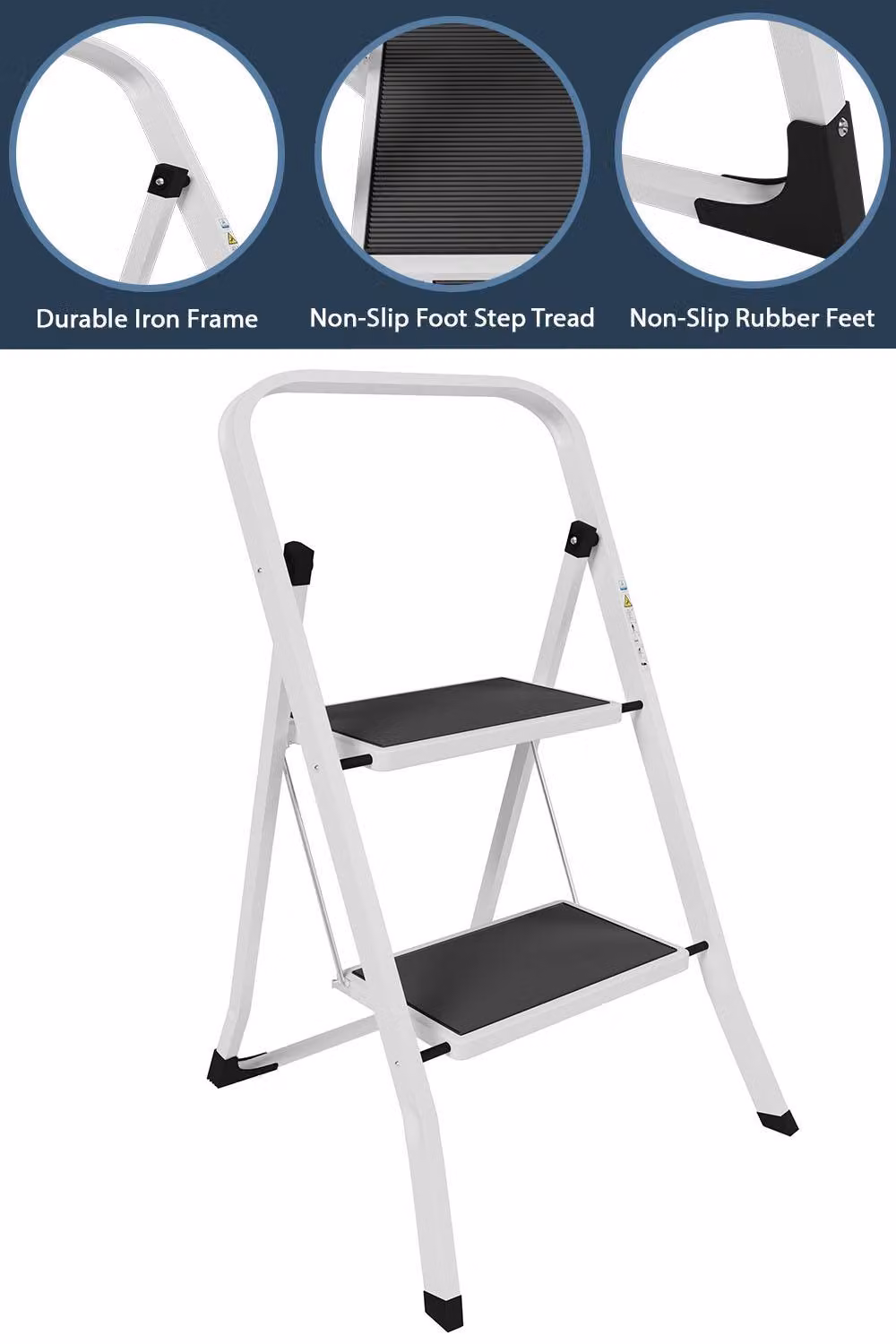 HD Designs 2 Step Folding Ladder with Anti-Slip Mat in White – 3