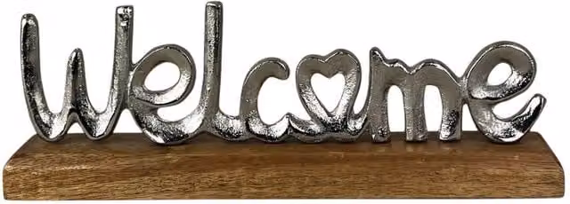 Four Candle Metal Welcome Sign with Wooden Base in Silver, W: 30 cm