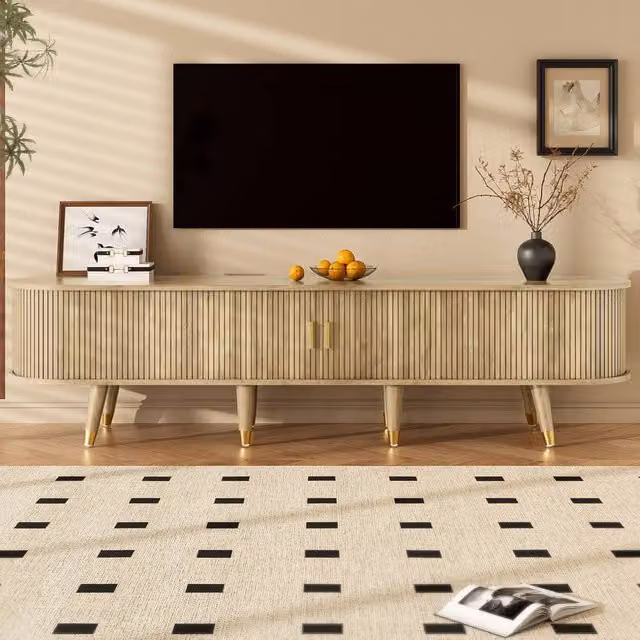 Rolipo Rustic Wood TV Cabinet with Sliding Doors in Beige, W: 175 cm
