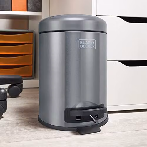 BLACK+DECKER 5L Dome Shaped Stainless Steel Pedal Bin with Soft Close Lid in Metallic Black – 1