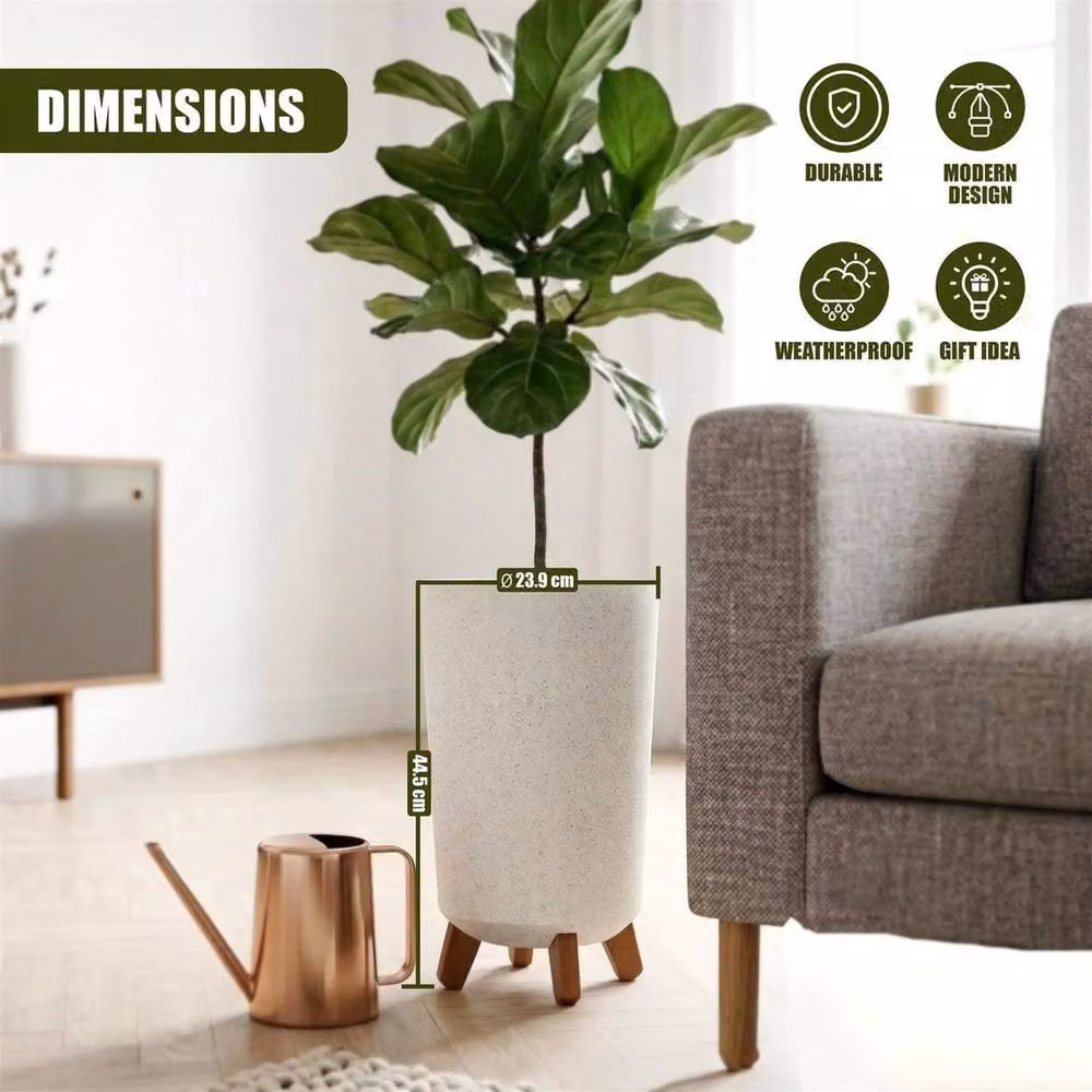 KORVIXA Tall Round Plant Pot with Wood Legs in White – 2
