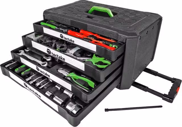 tectake Rollable Tool Box with 4 Drawers, 899 Pieces, Black