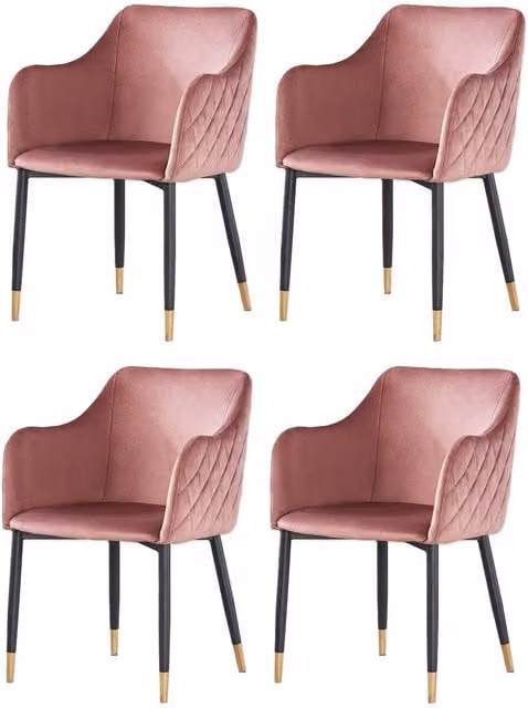 Life Interiors Set of 4 Verona Velvet Dining Chairs with Quilted Back and Gold Foot Caps in Pink