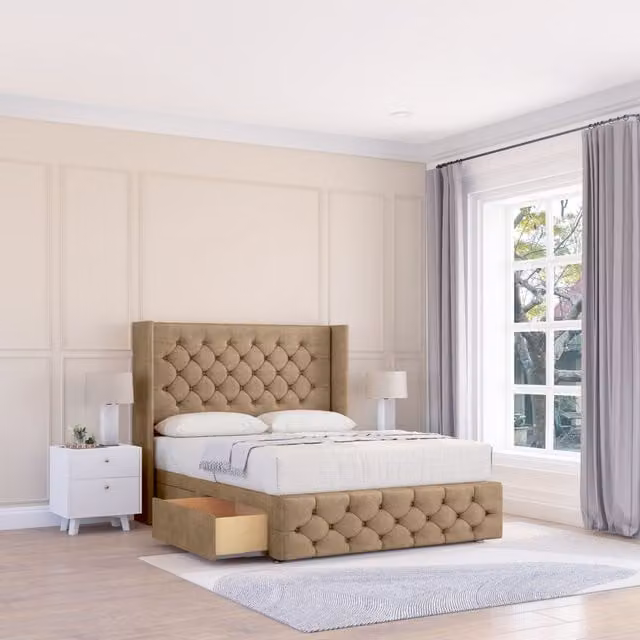 Sloomy Luthor Naples Wingback Bed Set with 2 Drawers and Floor Standing Headboard in Light Brown, Super King Size