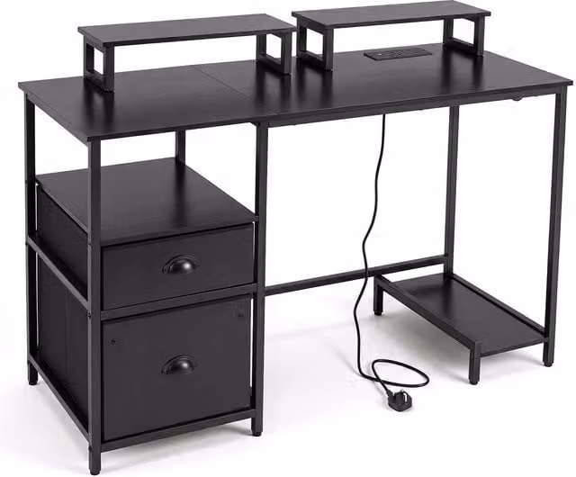 Costway Modern Black Computer Desk with Power Outlets and 2 Monitor Shelves
