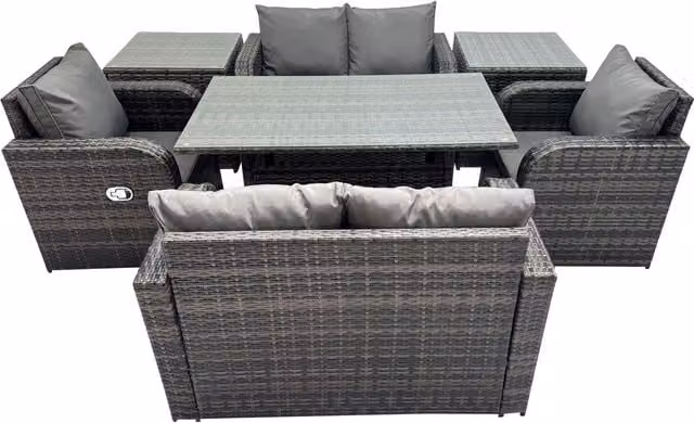 Fimous 6-Seater PE Rattan Garden Sofa and Dining Set in Dark Grey Mixed
