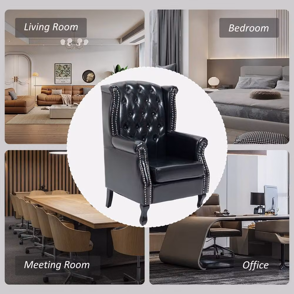STILVORA Chesterfield Armchair with Black Faux Leather and Solid Wood Frame – 7