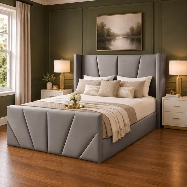 Desire Deco Carson Luxury Wingback Upholstered Bed Frame in Grey, Super King, W: 200 cm x D: 200 cm
