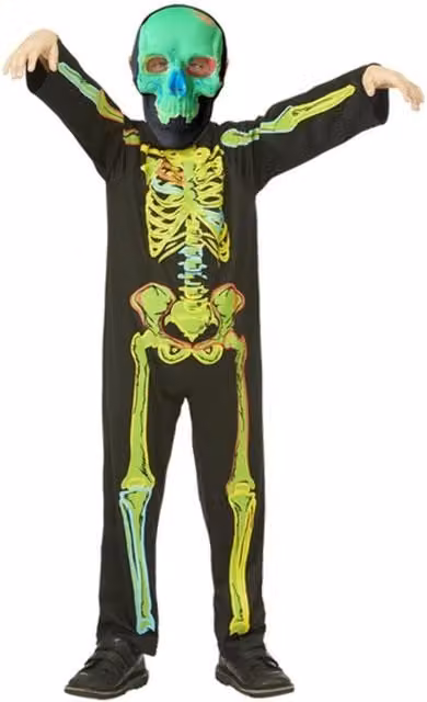 Smiffys Childrens Neon Skeleton Glow In The Dark Costume in Black, Green and Yellow