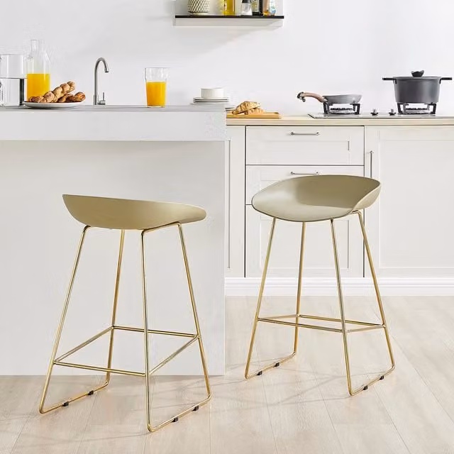 FurnitureboxUK Harper Kitchen Bar Stools Set of 2 with Plastic Seats and Gold Legs in Beige