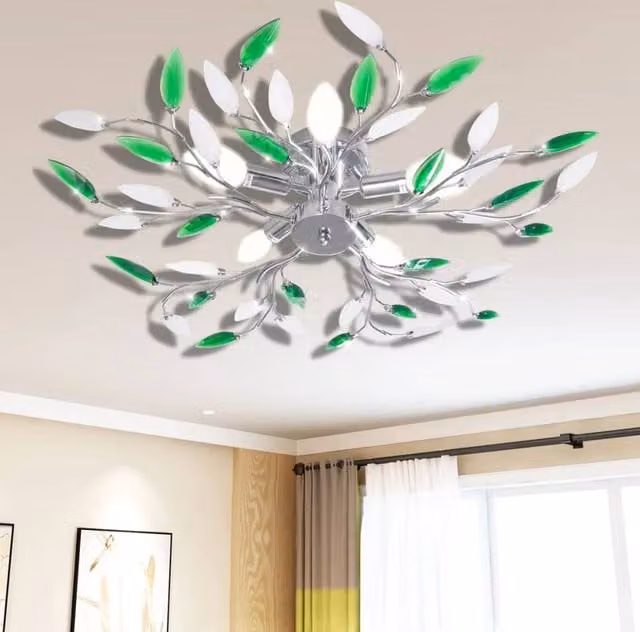 Berkfield Home Green and White Ceiling Lamp with Chrome Accents and Acrylic Crystal Leaf Arms for 5 x E14 Bulbs – 1