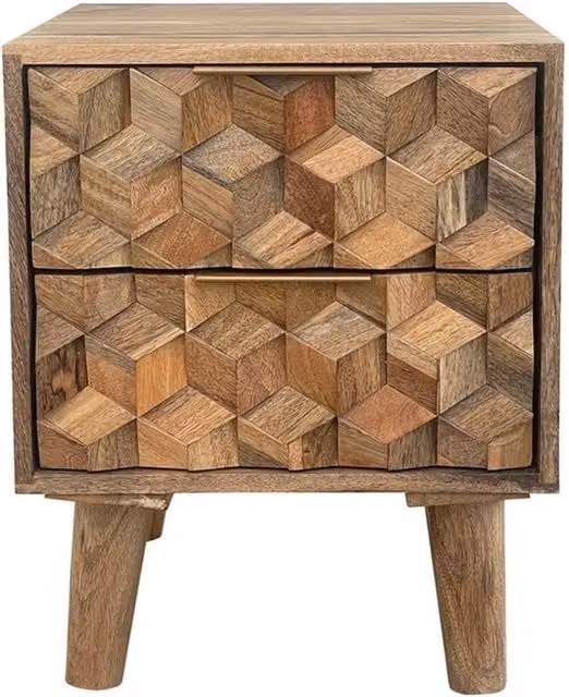 Jaipur Furniture Ltd Geometric 2 Drawer Bedside Table in Mango Wood, Brown, W: 40 cm, D: 40 cm, H: 50 cm