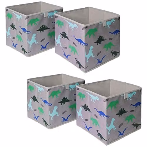 OHS Pack of 4 Foldable Dinosaur Print Childrens Storage Cube Organisers in Grey, Green and Blue, W/D/H: 27 x 27 x 27 cm