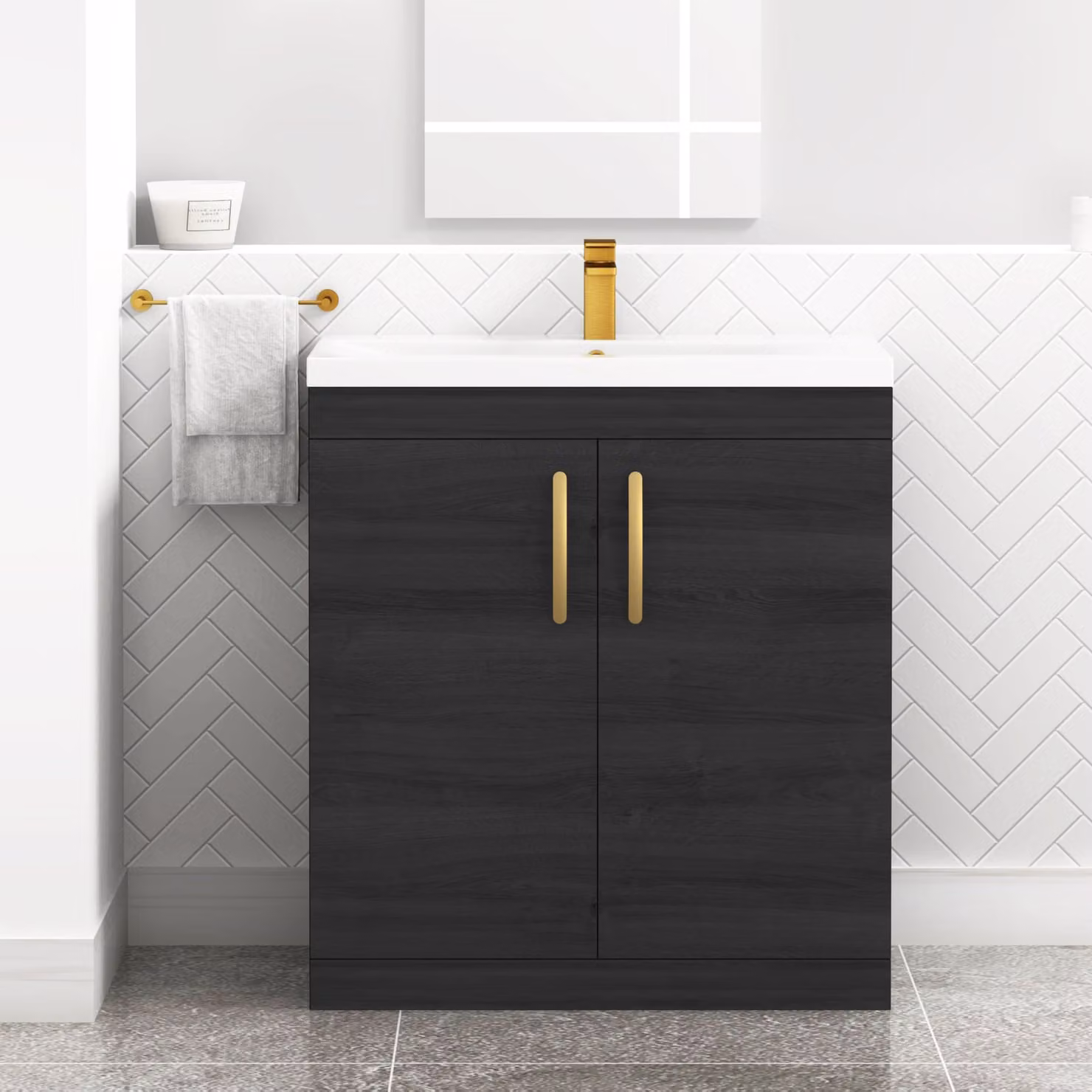 Turin Hale Black Matt Free Standing 2 Door Bathroom Vanity Unit with Mid-Edge Basin and Brushed Brass Handles, Width: 80 cm