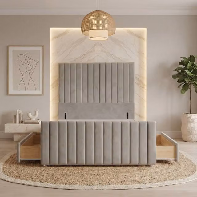 Somnior Eleanor Double Velvet Divan Base with 4 Drawers, 54 inch Headboard and 22 inch Footboard, Silver, W/D/H: 140 x 200 cm