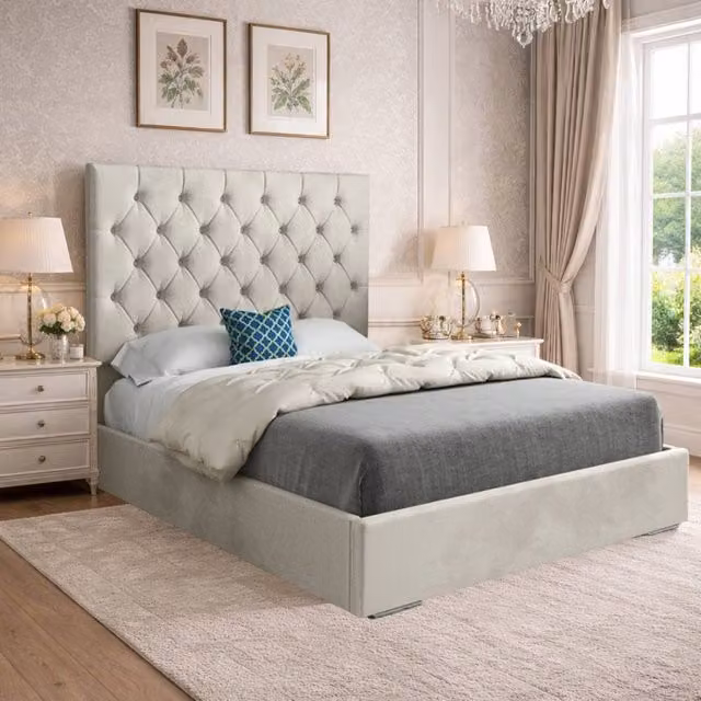 Casani Crantock Upholstered Chesterfield Bed Frame in Beige Velvet, W/D/H: 180 x 200 x 137 cm (Height: 159 cm) – 1