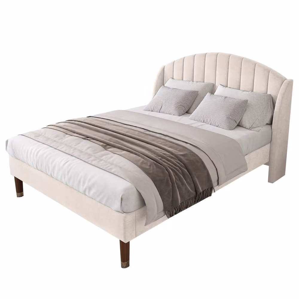 Merax Single Wingback Velvet Upholstered Bed in Beige, W/D/H: 90 x 190 cm – 3