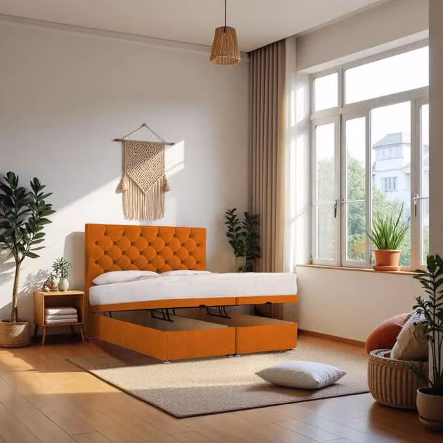 Knight Sleep Athens King Size End Opening Ottoman Bed with Hybrid Mattress and 24 inch Headboard in Mustard Yellow