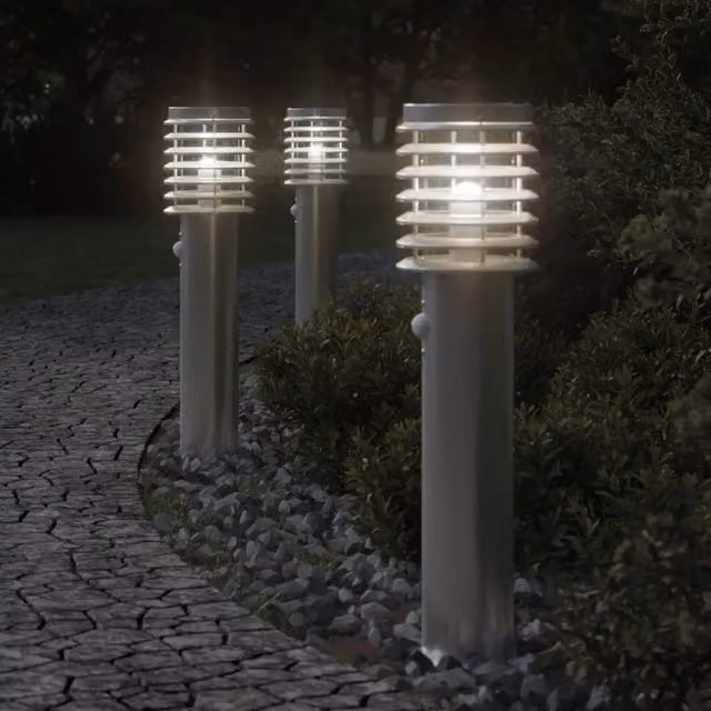Berkfield Home Set of 3 Silver Stainless Steel Outdoor Floor Lamps with Motion Sensors, Height: 60 cm – 1