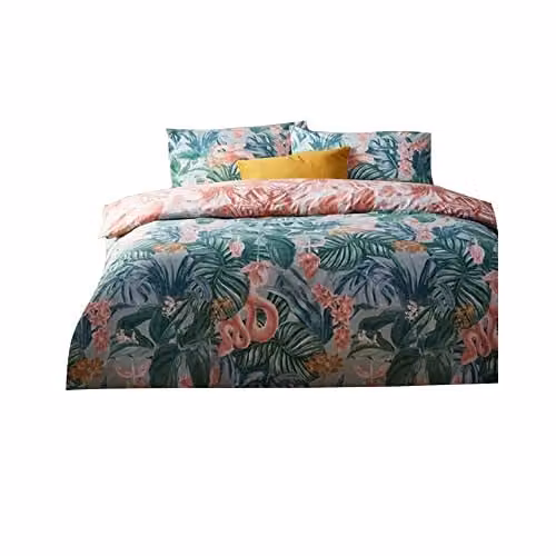 Riva Home Medinilla Reversible Floral Double Duvet Cover and Pillowcase Set, Cotton/Polyester, Green, Pink and Multicolour, Duvet Cover: 140 x 200 cm, Pillowcase: 50 x 75 cm