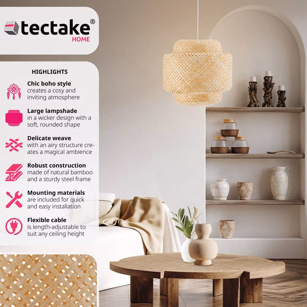 tectake Lignea Lux Boho Style Ceiling Light with Bamboo and Metal Lampshade in Brown, 40W, Height-Adjustable – 5