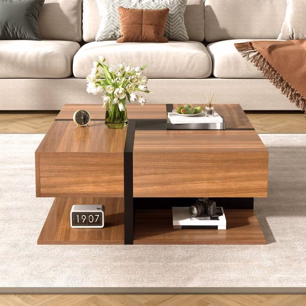 BTM Modern Square Coffee Table with 4 Drawers and Bottom Storage in Brown – 2