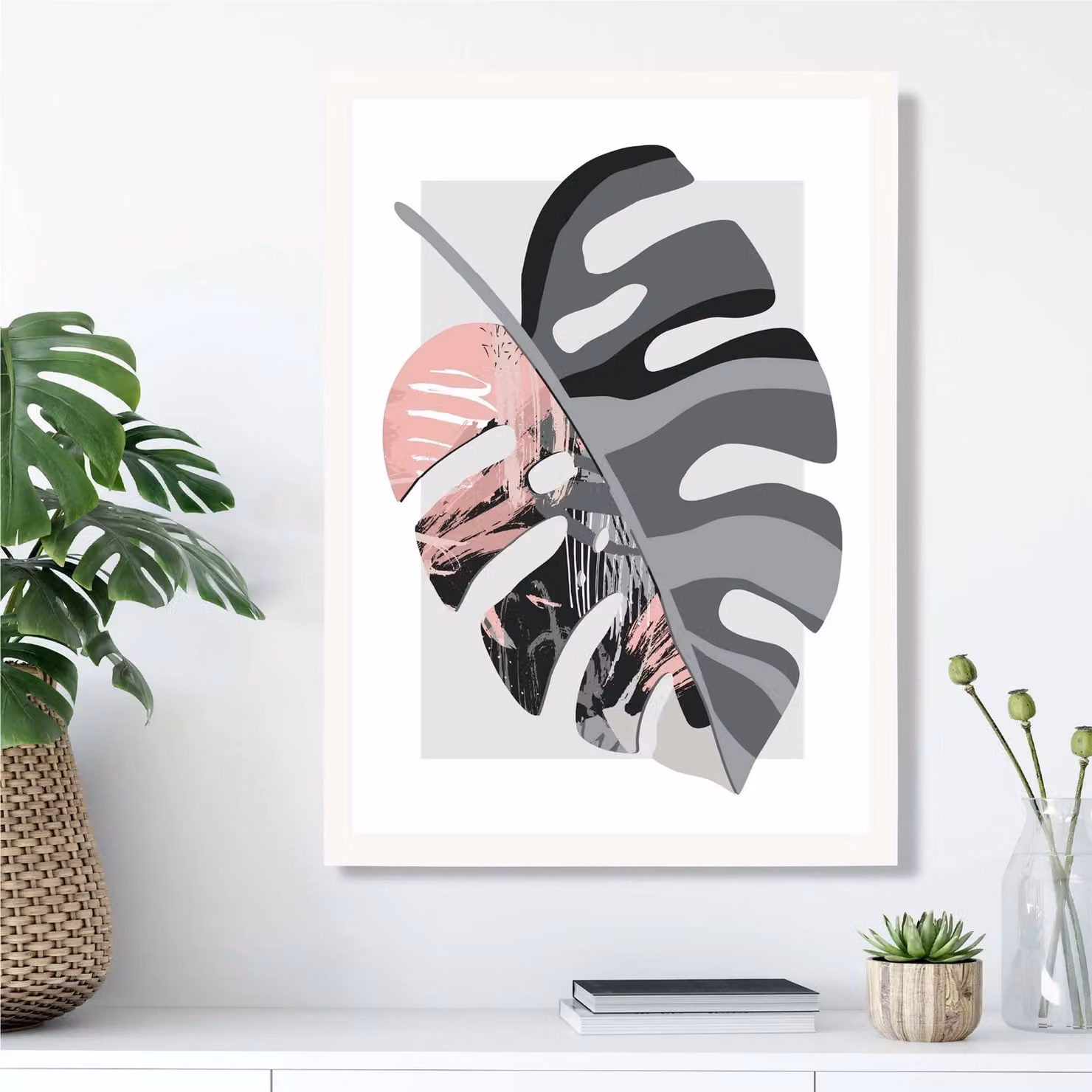 ARTZE Monstera Grey and Pink Boho Botanical Framed Print with White Frame – 2