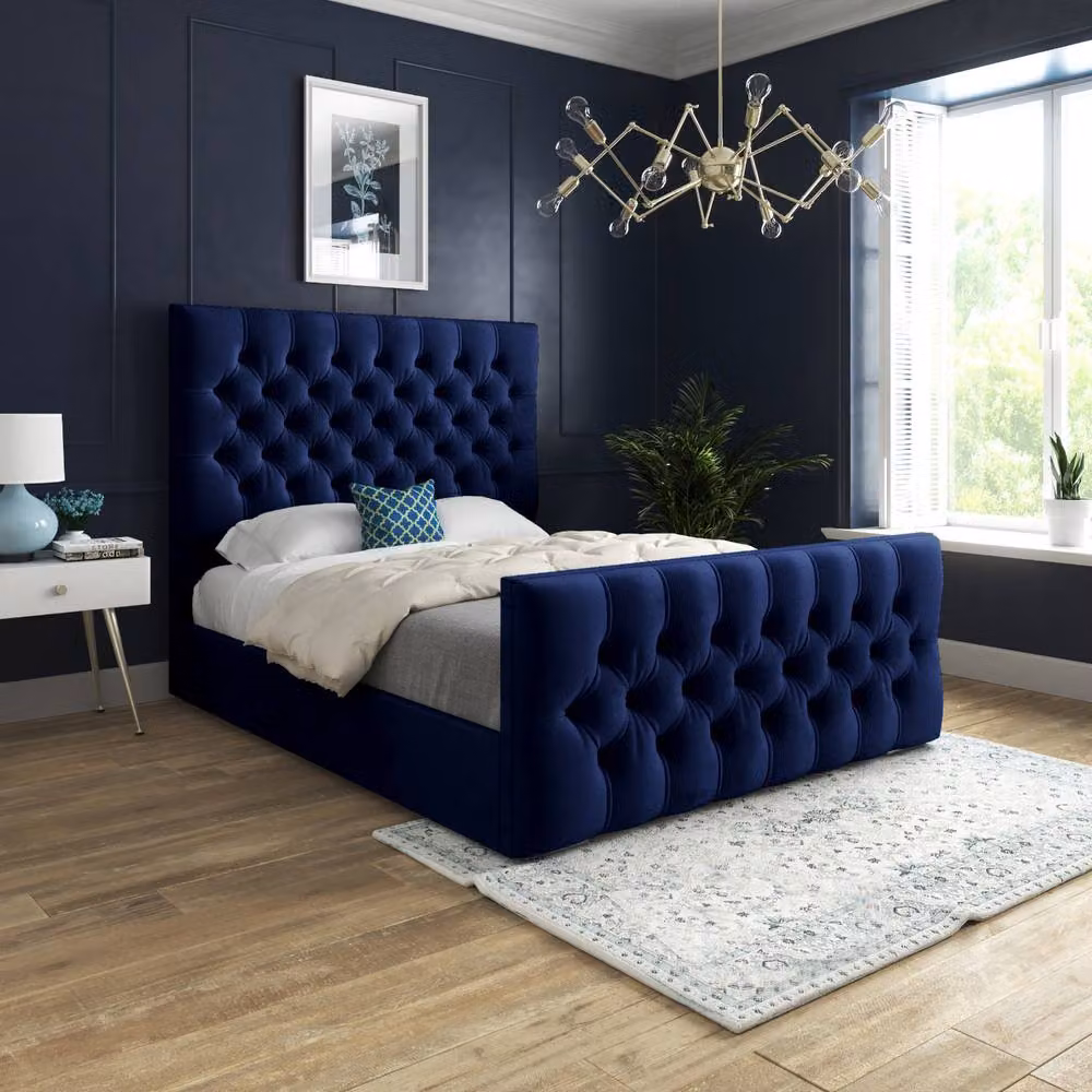 Casani Portmeirion Chesterfield Upholstered Velvet Bed Frame in Blue, Small Single – 2