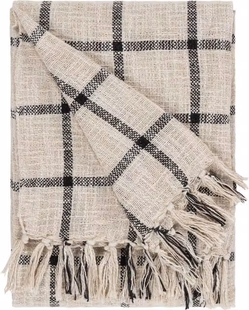 Yard Beni Slub Cotton Checked Throw with Fringes in Black and White, W: 130 cm, L: 180 cm