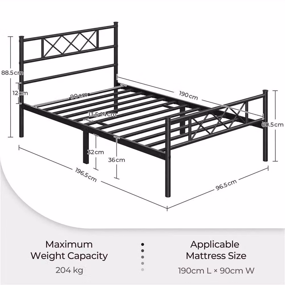 Kelvenix Single Metal Bed Frame in Black, W/D/H: 90 x 200 cm – 2