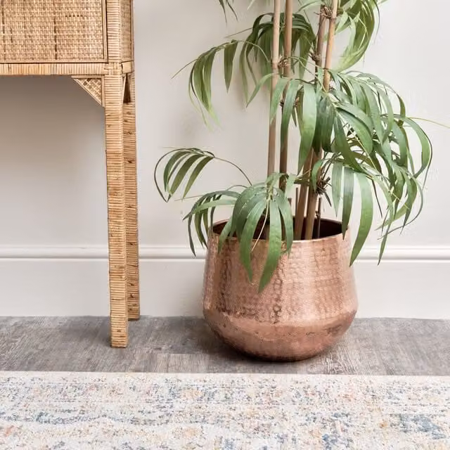 Melody Maison Large Round Metal Planter in Bronze and Brown with Abstract Copper Pattern
