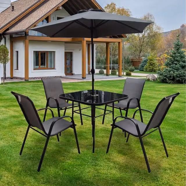 Madefor.living Lancaster 4 Seat Garden Dining Set with Parasol in Grey and Black