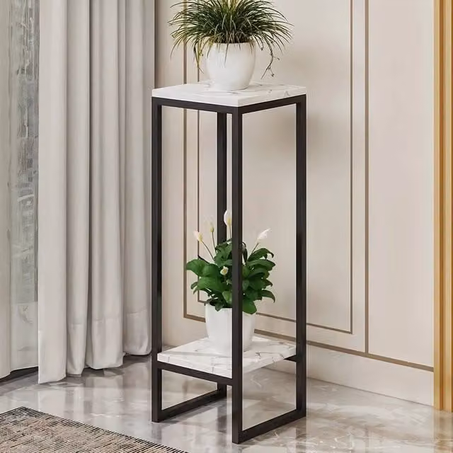 FORGEVIO 2-Tier Modern Metal and MDF Floor Plant Stand, White, H 90 cm x W 100 cm x D 50 cm – 1