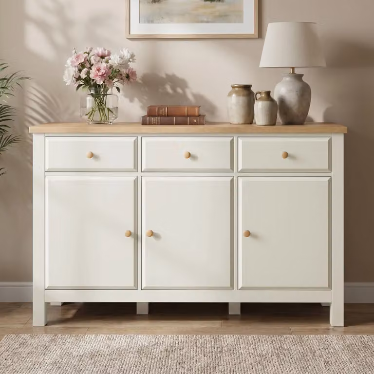 DHS Haven Large White Sideboard with Oak Top and Drawers, W/D/H: 135 x 43 x 81 cm