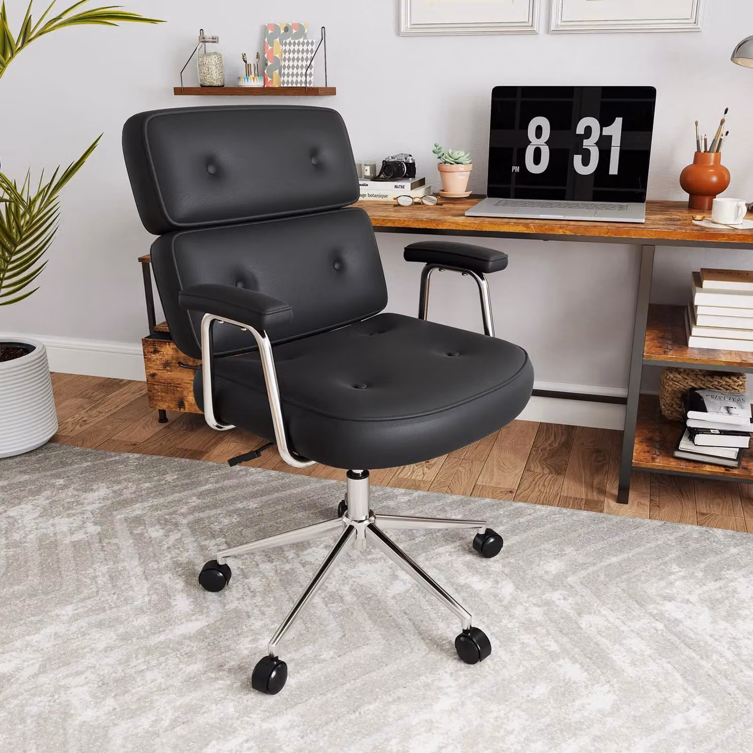 Costway Black PU Leather Upholstered Office Task Chair with Button Tufted Back – 4