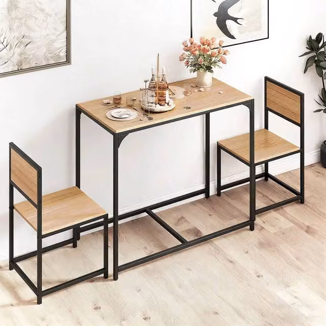KORVIXA 3 Piece Dining Table Set with Metal Frame in Brown, W: 100 cm, H: 76 cm – 1