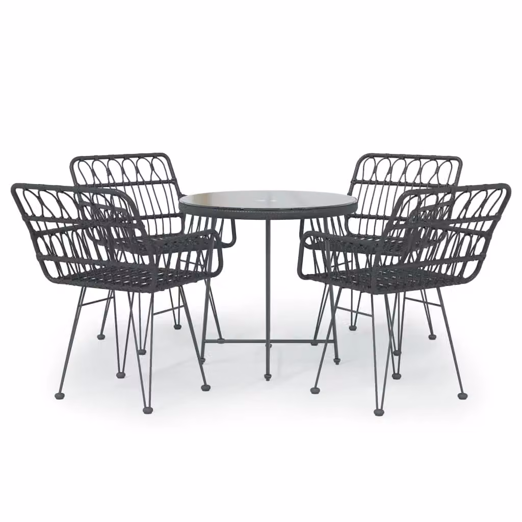 Berkfield Home 5 Piece Black Poly Rattan Garden Dining Set with Round Glass Top Table – 2