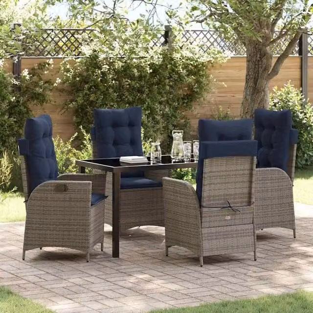 Berkfield Home 5 Piece Modern Garden Dining Set with Weather Resistant Cushions in Grey and Black Rattan – 1
