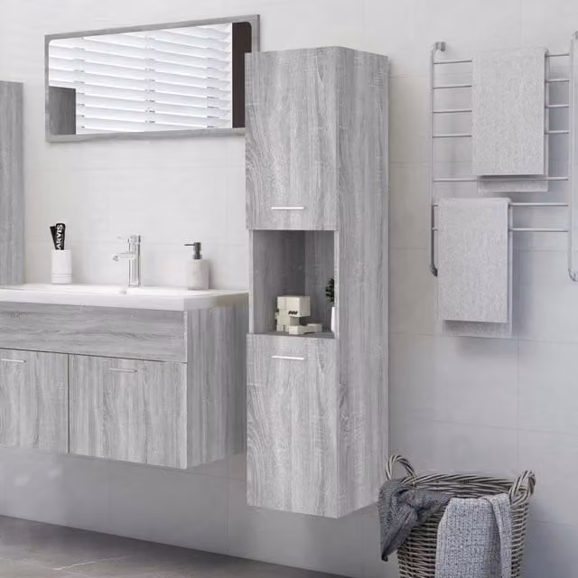 Berkfield Home Grey Sonoma Wall Mounted Bathroom Cabinet with Hinged Doors and Open Shelf, W/D/H: 30 x 30 x 130 cm