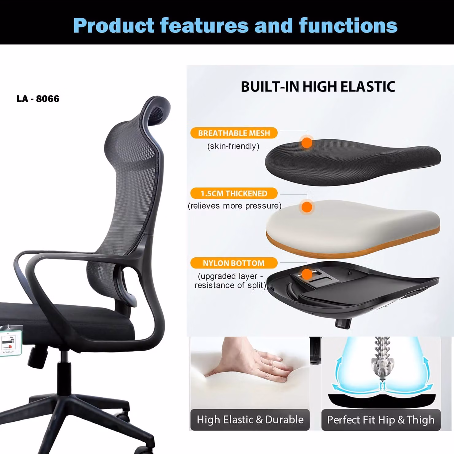 JFY Ergonomic Black Fabric Office Chair with Height Adjustable Headrest and Armrests – 5