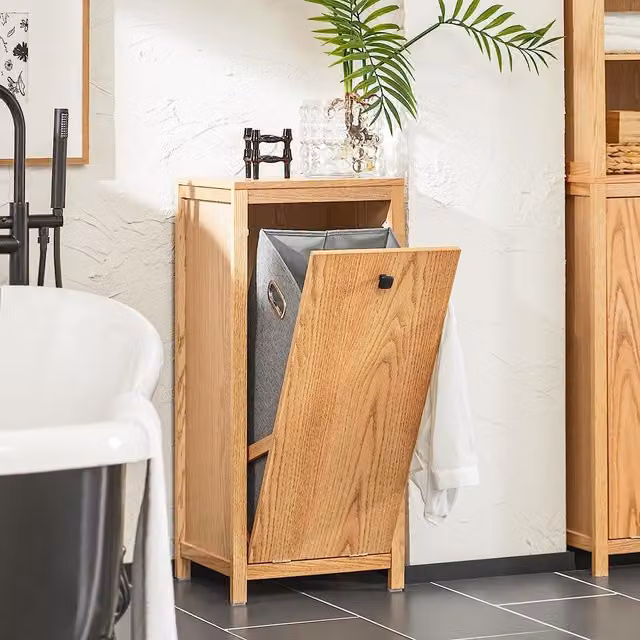 SoBuy Modern Brown Wooden Laundry Chest and Bathroom Cabinet with Laundry Basket