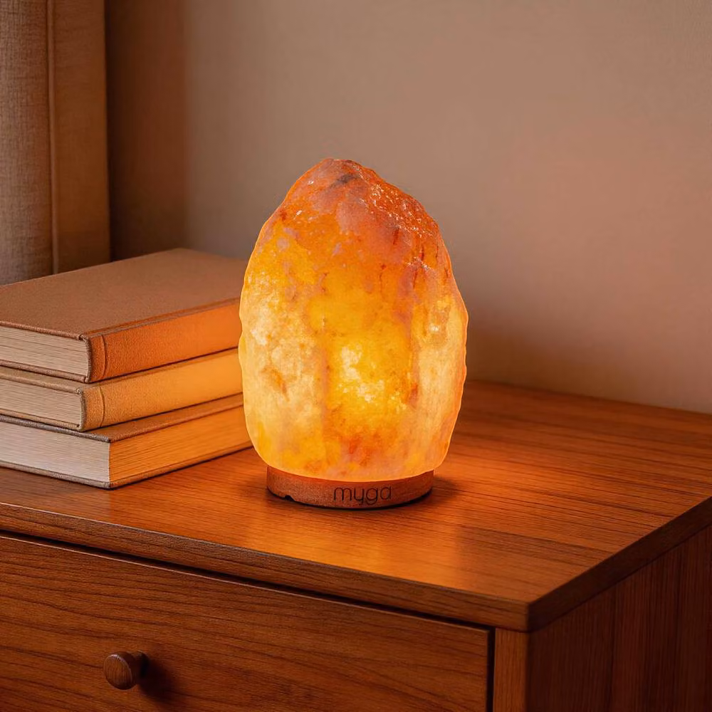 Myga Pink and Pale Orange Himalayan Salt Table Lamp with Dimmable Switch and Wooden Base – 2