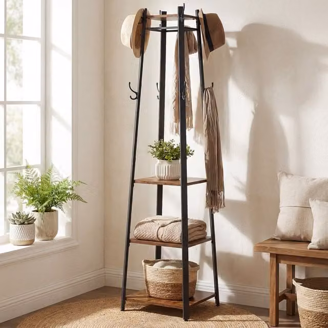 VASAGLE Industrial Post Tree Coat Rack Stand with Shelves and Hooks, Brown and Black, H 180 x W 43 x D 43 cm