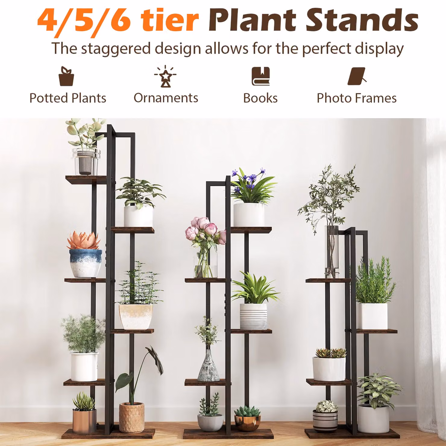 Gymax 3 Pack Corner Plant Stand Set in Brown, Featuring 4, 5 and 6-Tier Metal and Wood Racks – 2
