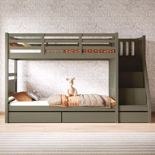 Flair Lunar Junior Bunk Bed in Green and White with Stairs and Side Compartments