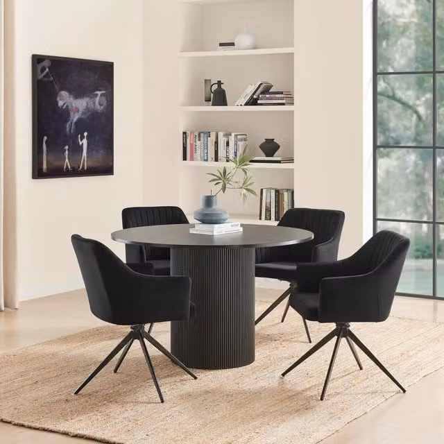 FurnitureboxUK Penrose Black Round Dining Table and 4 Calla Black Velvet Swivel Chairs, Diameter: 120 cm