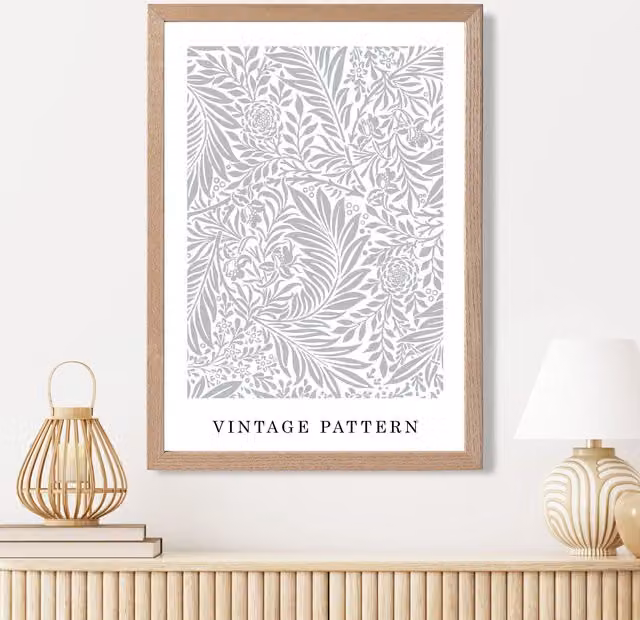 ARTZE Vintage William Morris Larkspur Floral Art Print in Grey and White with Oak Wood Frame, A4 (W: 21.0 cm, H: 29.7 cm) – 1