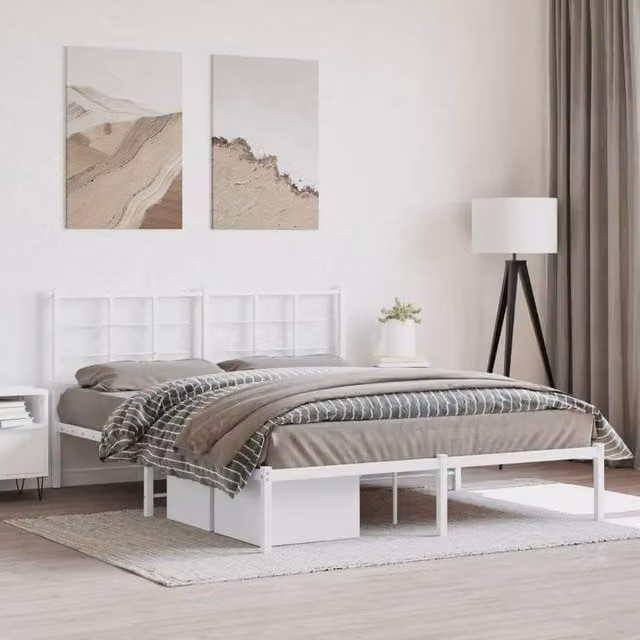 Berkfield Home Metal Bed Frame with Headboard, White, W/D/H: 150 x 200 cm