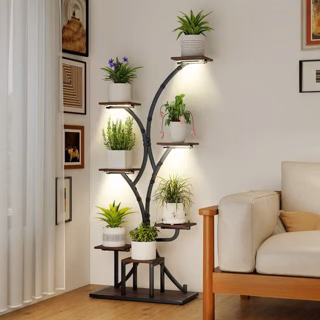 COSTWAY Modern 8-Tier Corner Plant Shelf with Integrated Lighting in Brown