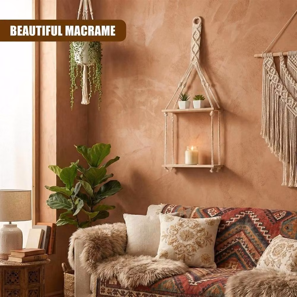 PAWNORA 2 Tier Brown Wooden Boho Rope Hanging Wall Mounted Shelf – 3